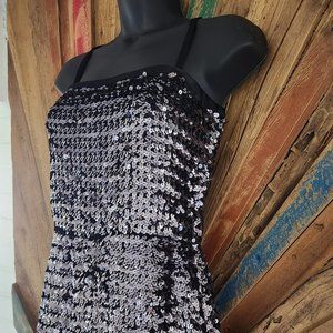 VTG David Morris Metallic formal dress/gun metal sequin sparkly long  Sz XS/ S